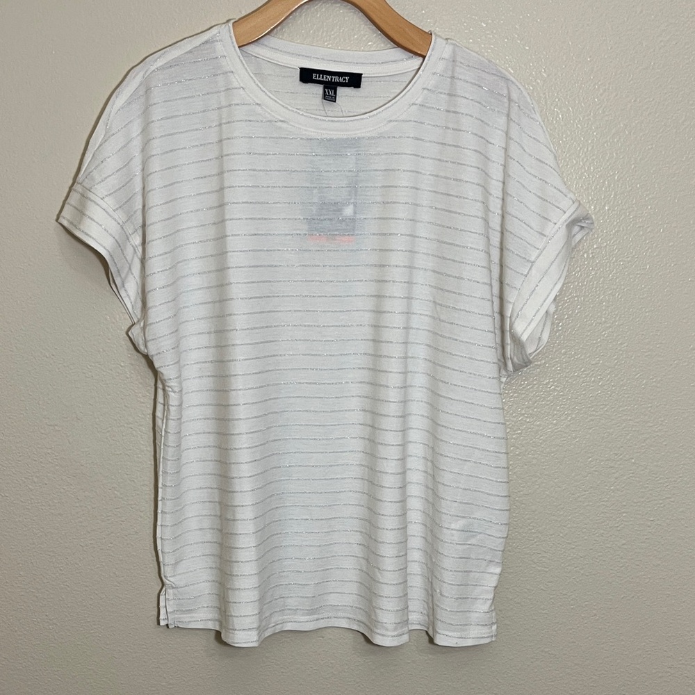 NWT Ellen Tracy Cream Silver Striped Short Sleeve Tee